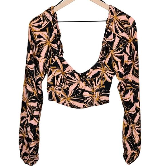 Minkpink Ziba Top XS Black Pink Floral Puff Sleeve Cropped Blouse Boho Vacay - Picture 3 of 6